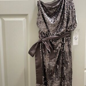 Jones New York One-Shoulder Sequin Dress in Taupe